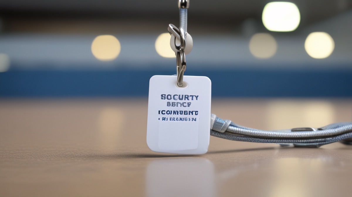 A blank security badge on a lanyard beside a card reader at a secure facility door