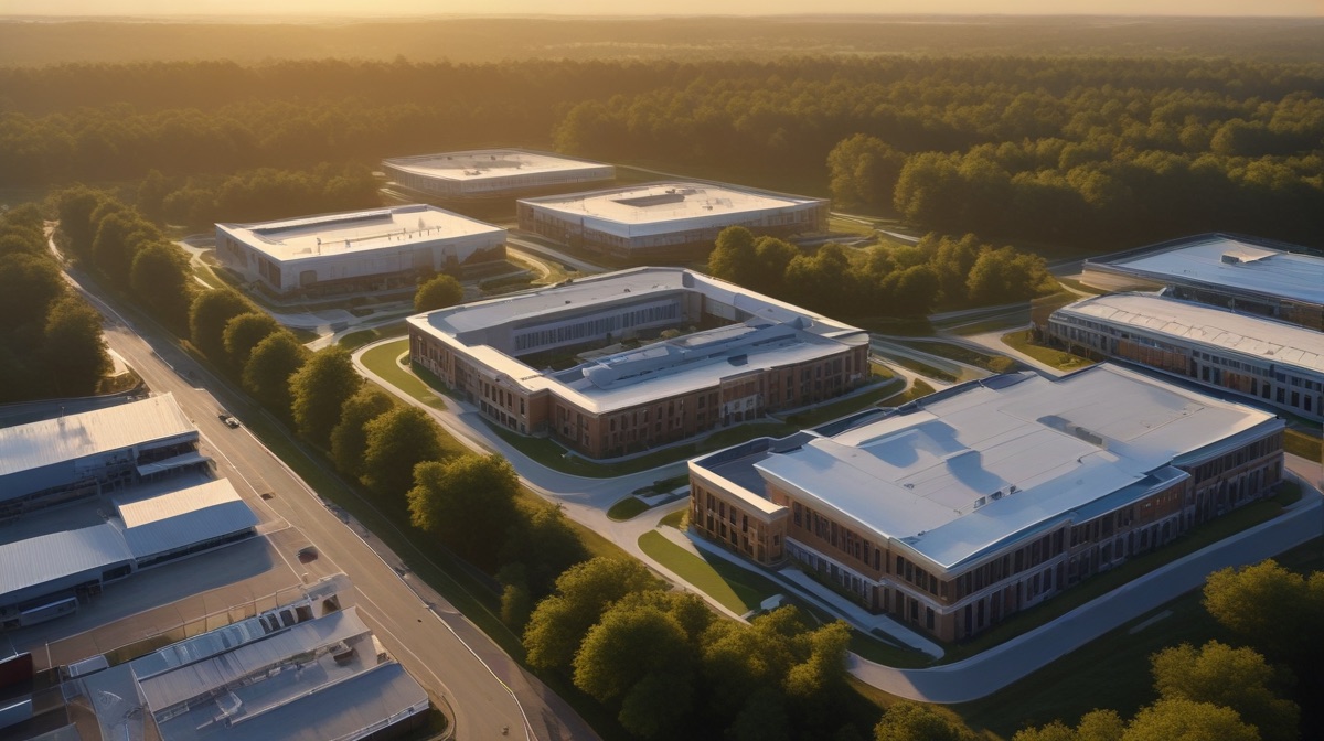 Aerial view of a large federal research and engineering campus with several separate building complexes